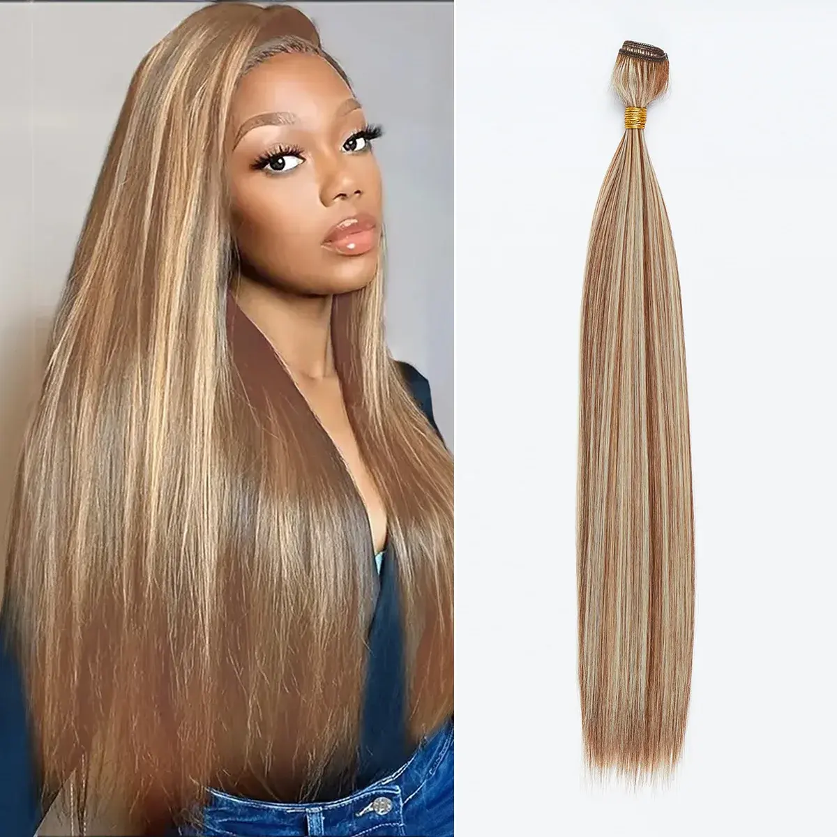 Extension de cheveux synthétiques lisses doux 12 à 36 naturel noir blond ombre super résistant à la chaleur os droit avec fermeture