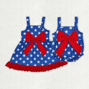 Ropa para Niños del 4 de Julio, Vestido para Niñas con Estampado Patriótico de Estrellas y Pelele para Bebés con Lazo Grande - Product Image 1