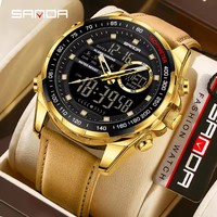 Montre à quartz pour homme SANDA 6318 originale, étanche, luxe, double affichage, bracelet en cuir véritable, montre sport tendance