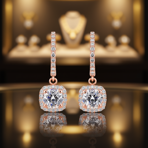 Orecchini in Oro Rosa con Diamanti, Montatura Quadrata a Halo e Design a Catena Pavé in Materiale Rame, Modello E1810 - Product Image 2