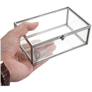 Boîte à bijoux vintage rectangulaire en verre transparent avec cadre en métal argenté et couvercle à charnières pour souvenir de mariage ou rangement de décoration intérieure - Product Image 3