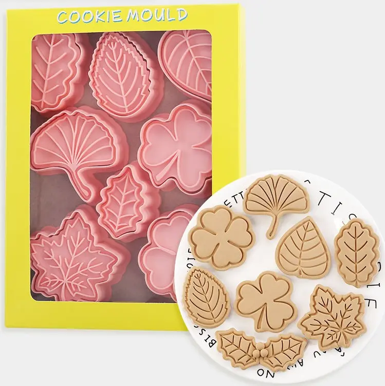 8pcs Tropical Leaf Cookie Cutter Stamp Plant Hawaiian Palm Leaf Fondant Embosser Mold for Gum Paste Cake Decorating