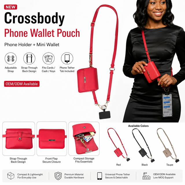 Brushed Vegan Leather Phone Crossbody Strap with Mini Pouch Adjustable Hands-Free Cell Phone Lanyard for Cards