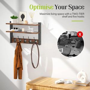 Étagère murale multifonction vintage en bois massif noir sablé rectangulaire avec 5 crochets en fer, élégante et robuste - Product Image 5