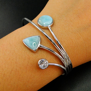 Bracelets en argent sterling 925 plaqué rhodium avec serti clos et larimar naturel, délicats, pour mariage, fête, unisexe, vente en gros - Product Image 5