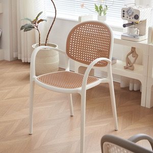 Nordic Style Woven Rattan Plastic <b>Stackable</b> <b>Dining</b> <b>Chair</b> With Armrest For Small Apartment Minimalist <b>Dining</b> Room Furniture - Product Image 1