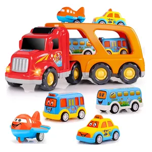 Большой грузовик-переноска с 4 маленькими мультяшными рисунками, разноцветные транспортные средства, грузовик со звуком и светом для детей