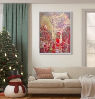 Peinture à l'huile murale sur toile faite à la main, vue sur rue de bâtiments rouge vif, style ethnique moderne, décoration intérieure pour la maison, Ramadan, mariage