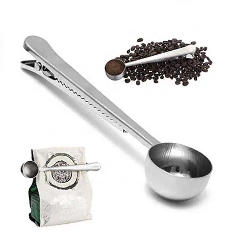 Stainless Steel 2 in1 Tea Coffee Bean Protein Powder Scoop Measuring Spoon With Bag Sealing Clip And Long Handled