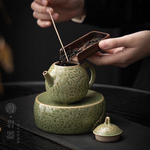 <b>Ceramic</b> Teapot Round Retro Green Bamboo Glaze With Lid Kung Fu <b>Tea</b> Set Household Single <b>Pot</b> - Product Image 4