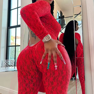 Tutina da donna Sexy a manica lunga senza schienale in stile Jacquard rossa - Product Image 1