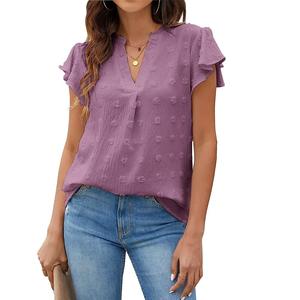 Top Estivo da <span class=keywords><strong>Donna</strong></span> 2024, Design Economico, Nuovo Modello con Scollo a V, Maniche Plissettate a Foglia di Loto, Top in Chiffon con Pompon - Product Image 3