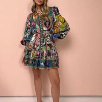 Robe personnalisée pour femme, vêtement sur mesure imprimé, col montant, manches bouffantes, volants, mini-robe de soirée pour femme