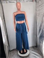 Ensemble 2 pièces en jean pour femme, sexy, avec haut bustier sans bretelles et pantalon large taille haute, extensible, style streetwear Y2K, tenue de club
