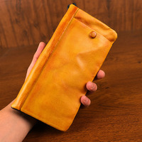 Portefeuille long en cuir de vachette huilé et ciré, multi-saisons, style Crazy Horse, véritable, vintage, pour voyage, avec porte-cartes