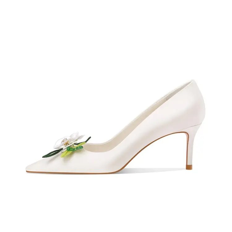 2021 Marry shoes womens low heel wedding heels shoe brands pointed toe white flower bridal heels