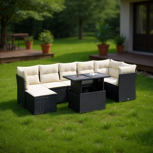 Conjunto de Sofá de Jardín Negro y Crema con Mesa de Almacenamiento, Muebles de Exterior de Mimbre PE, Diseño Contemporáneo, Espuma de Alta Densidad - Product Image 2