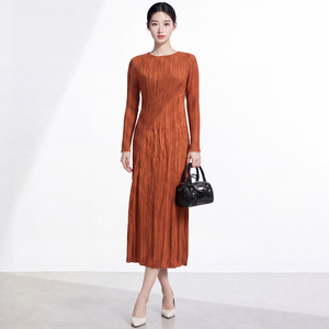 Women's Long Sleeve Casual Ruched Pleated Midi <b>Dress</b> Solid Color Minimalist Style Polyester Breathable Fitted <b>Elastic</b> Washable - Product Image 1