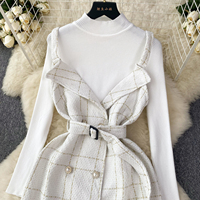 Ensemble robe en tweed à bretelles coupe trapèze et pull tricoté deux pièces pour femme