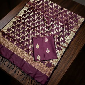 Tela de seda Rich Katan de tres piezas con tejido artístico de Zari y Meena, material de vestido sin coser para ocasiones especiales. - Product Image 4