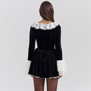 Vestido Mini de Terciopelo Estilo Europeo Americano Vintage, Cuello Cuadrado, Manga Larga, Cintura Alta, con Volantes, para Banquete o Noche - Product Image 4