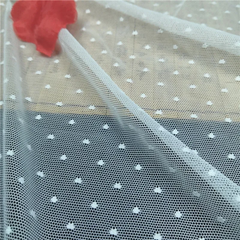 Width 150cm white Nylon spandex stretch polka dot lace mesh fabric for lady dresses cloth and apparels