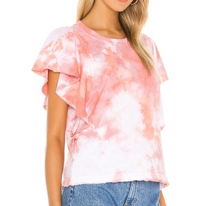 Wholesale tie dye t shirts girls ruffle sleeves women cotton t-shirt - Product Image 6