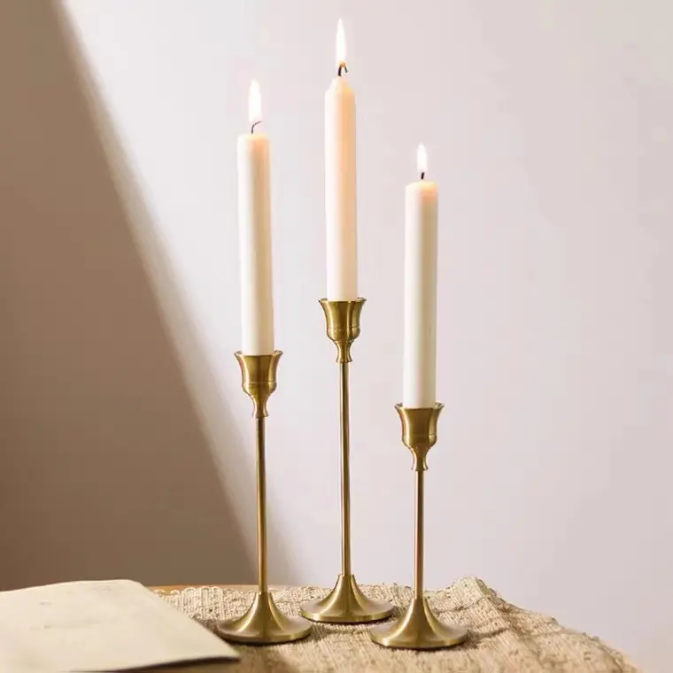 Antique minimalist brass long stemmed tapered candle holder stick set holders decorative gold candlestick holder