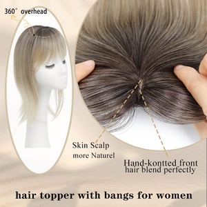 Starluck 18 Inch <strong>Sandy</strong> Brown &amp; Ash Blonde Layered Hair Topper with Bangs for Women Swiss Base with 3 Clips - Product Image 5