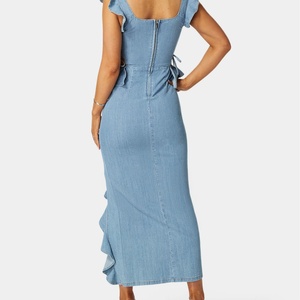 Vestido de mezclilla azul claro largo con cremallera y cuello cuadrado, con volantes asimétricos, elegante y a la moda para mujer, venta al por mayor - Product Image 4