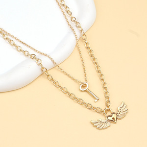 Collar con Colgante de Corazón y Alas de Ángel, Aleación de Zinc, Multicapa, Joyería de Moda para Mujer, Color Plateado - Product Image 3