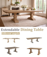 Table à manger extensible rectangulaire en chêne massif, style rustique rétro français de luxe HL704-300, 8 places, pour salle à manger.