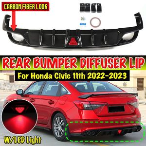 <b>Car</b> Rear Bumper <b>Diffuser</b> Lip Spoiler Refit With Light for Honda for Civic 11th 2022-2023 Carbon Fiber Look - Product Image 1