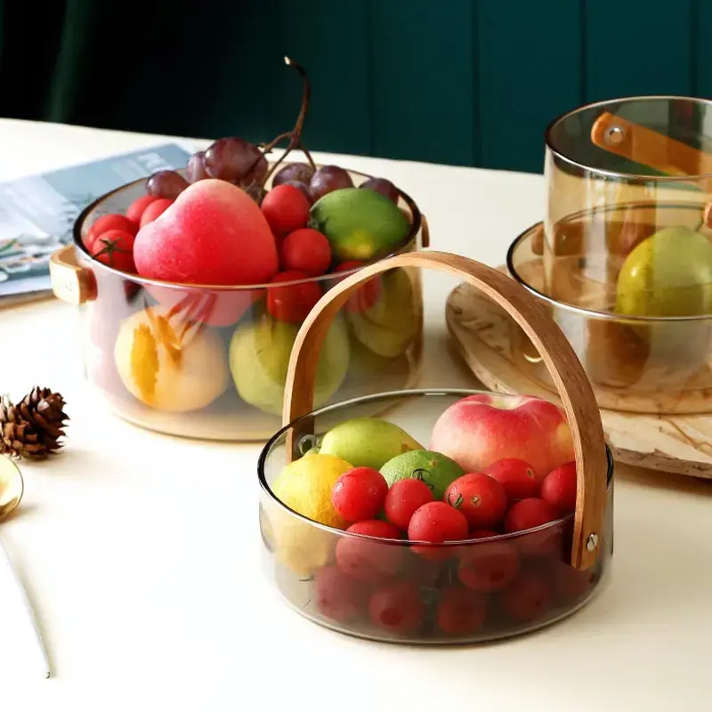 Nordic high borosilicate glass fruit plate bamboo wood portable large snack dry nut tray storage basket creative beer ice bucket