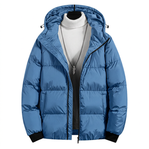 Men's <b>Winter</b> Hooded Puffer Jacket Solid Black Zipper Front Casual Windproof <b>Thick</b> Polyester Wadding <b>Coat</b> - Product Image 2