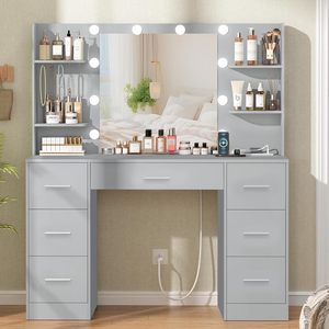 Tocador Estilo <span class=keywords><strong>Hollywood</strong></span> con Espejo LED de 10 Bombillas, 7 Cajones y Estantes Abiertos para Maquillaje en el Dormitorio - Product Image 4