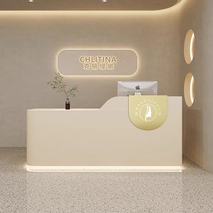 Modern White Reception Desk Curved Front Counter Wood Spa Salon Lobby <b>Table</b> with LED Light - Product Image 1