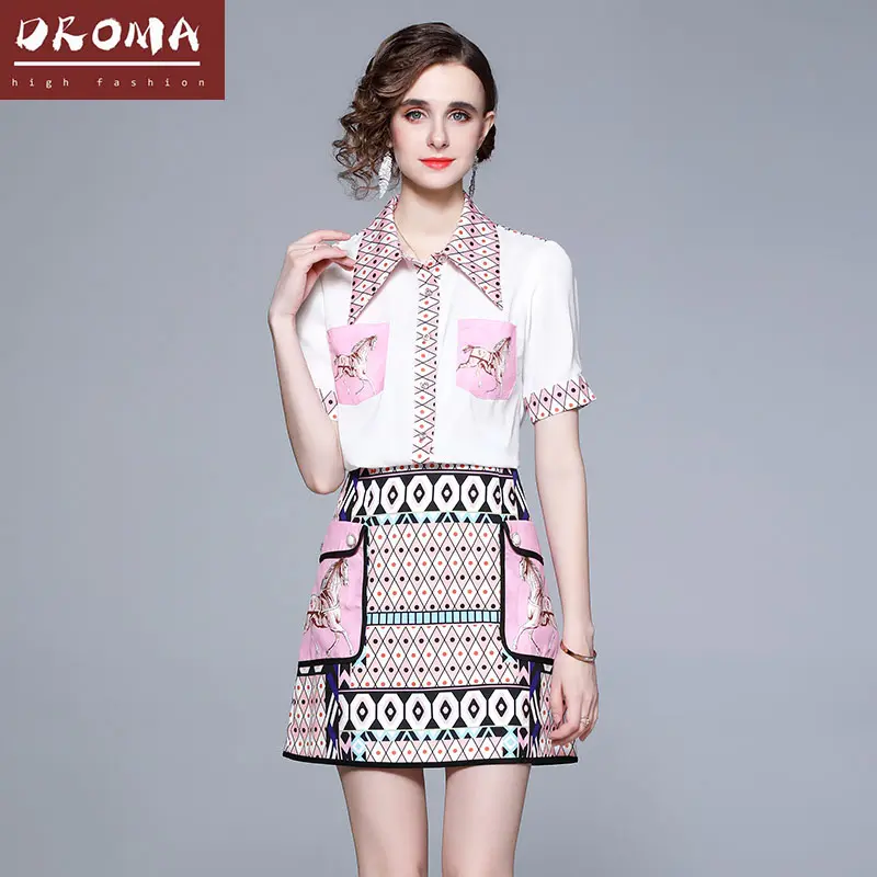 Droma new style suit fashion clothing ladies summer elegant blouse and mini skirt sets ladies casual 2 piece set women 2022