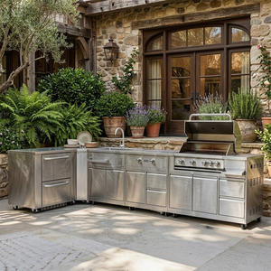 Armoires de cuisine extérieures ignifuges personnalisées en acier inoxydable SS304, texture métallique, pour cour, cuisine extérieure modulaire avec <span class=keywords><strong>mini</strong></span>-réfrigérateur en verre - Product Image 2