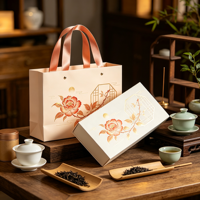 Sac en papier d'art de luxe de haute qualité avec poignée en ruban, emballage de boîte cadeau en carton, boîte à thé haut de gamme, logo personnalisé, image de marque d'entreprise
