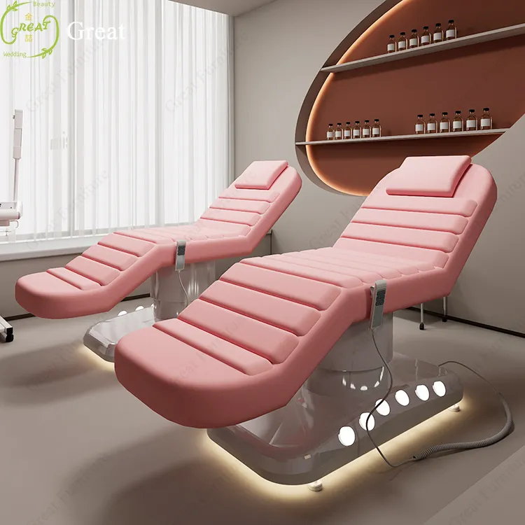 Luxury white pink beauty salon lash facial bed 3 motors electric professional massage table with foot control and led lights