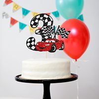 1 Stück Rennwagen 3. Geburtstag Tortendekoration Glitzer 3. Rennwagen Geburtstagstorten-Topper Dekoration für Rennwagen-Schachbrettfahne Themenparty
