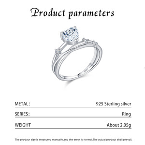 Bague double en argent S925 avec moissanite taille cœur, plaquée argent, empilable, pour femme, bijou de fiançailles délicat - Product Image 2