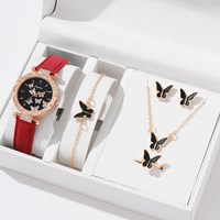 Ensemble de 6 montres de luxe pour femmes, bague, collier, boucles d'oreilles, bracelet, montres à bracelet en cuir papillon, montre-bracelet à quartz pour femmes CD108