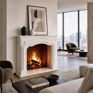 Chimenea tradicional de mármol con tallado ornamentado, de mármol sintético Royal Botticino, para interiores, con estufa de leña. - Product Image 6