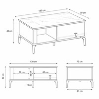 Table basse de salon en bois sur mesure, moderne, avec pieds métalliques coniques, plateau en marbre veiné, étagère ouverte, tiroir fermé et plateau en verre technologique