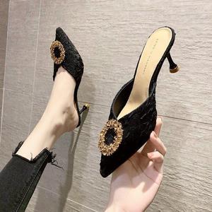 Popular New Slippers Women Summer Half Slippers Women Rhinestone High Heels Stiletto Toe Sandals - Product Image 4