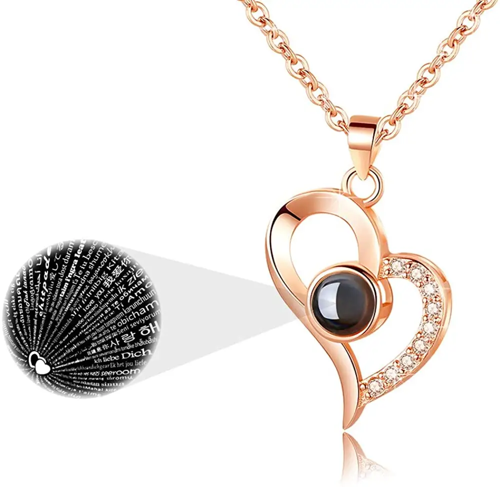 2021 Rose Gold Plated I Love You 100 Languages Projection Crystal Heart Romantic Jewelry Chain Pendant Necklace for Women Gift