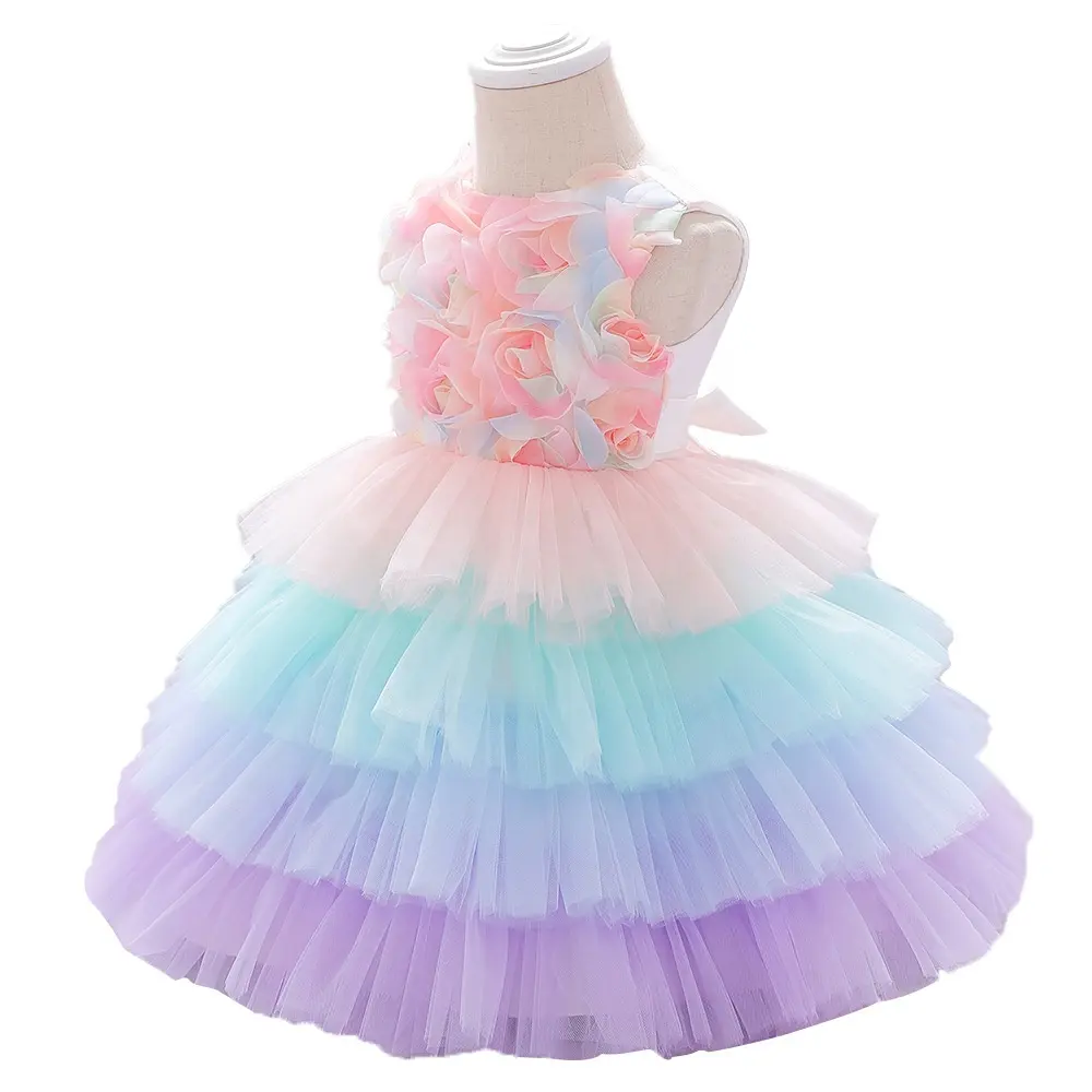 थोक बच्चे लड़की गाउन पोशाक बिना आस्तीन रंगीन फूल फीता बहुपरत राजकुमारी पोशाक के लिए फूल लड़की फैक्टरी कस्टम