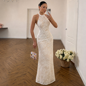 Vestido de Noche Largo de Lujo con Espalda Descubierta, Cuello Halter de Encaje, Silueta Lápiz, Cintura Natural, sin Mangas, para Fiesta, para Mujer - Product Image 5